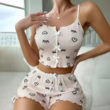 European American Heart - shaped Eyelash Printed Ribbed Breathable Elastic Waist Pajama Set Women's - Zeprah