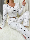 European American Home Clothes Love Printed V - neck Jacquard Long - sleeved Pajamas Women's Outer - Wearing - Zeprah