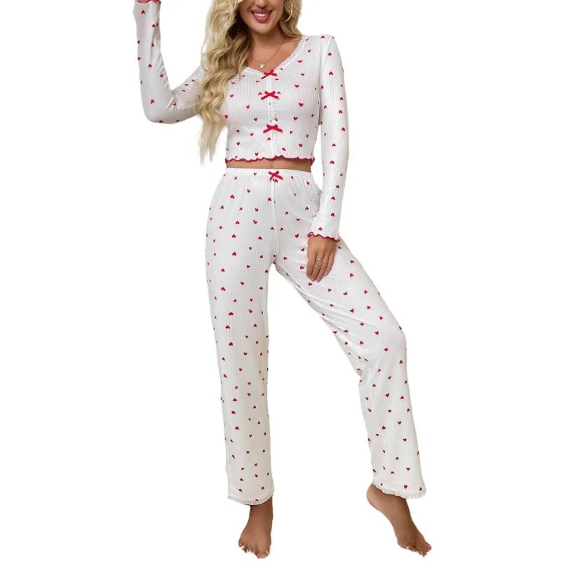 European American Home Clothes Love Printed V - neck Jacquard Long - sleeved Pajamas Women's Outer - Wearing - Zeprah