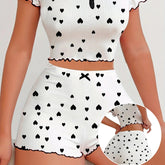 European American Jacquard Ribbed Shorts Women's Short - Sleeved Pajama Set Heart Pattern Can Be Worn Loungewear - Zeprah