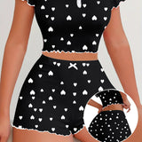 European American Jacquard Ribbed Shorts Women's Short - Sleeved Pajama Set Heart Pattern Can Be Worn Loungewear - Zeprah