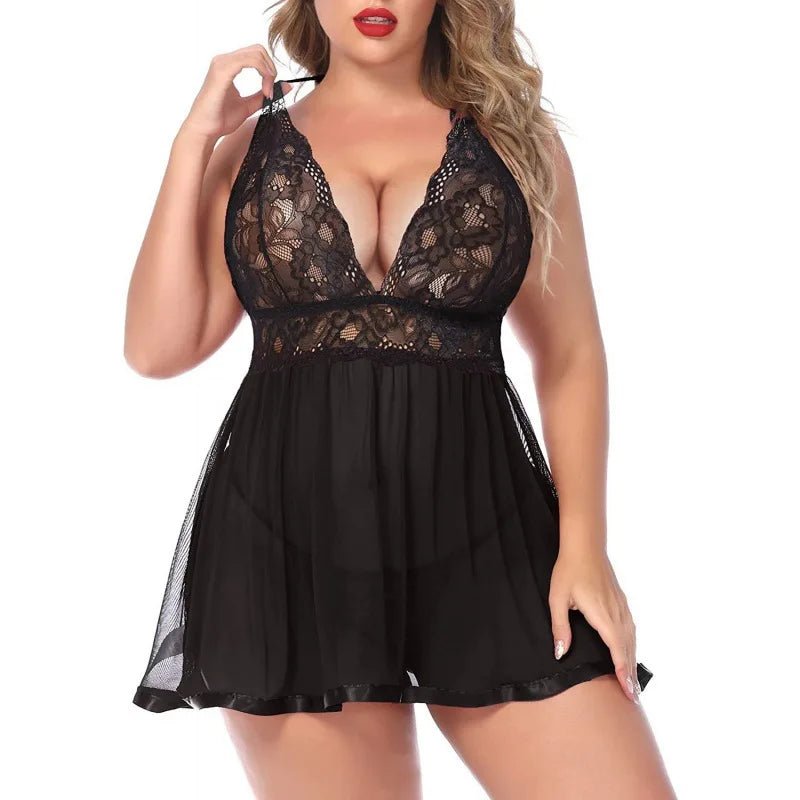 European American Large Size Sexy Underwear Lace Black Red Splicing Sling Nightgown Set Adult Women's - Zeprah