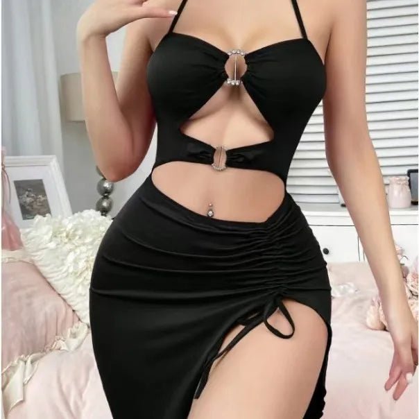 European American New Style Halter Neck Sexy Tight Bodycon Dress Side Drawstring Long Dress Set Women's Sexy Lingerie - Zeprah