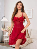 European American New Style Sexy Lingerie Lace Mesh Semi - Transparent Nightdress Home Wear Set - Zeprah