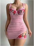 European American New Style Sexy Women's Mesh Embroidery Breathable Dress Homewear Set - Zeprah