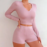 European American New Women's Homewear Solid Color V - Neck Long Sleeve Top Sexy Summer Polyester Shorts Two - Piece - Zeprah
