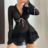 European American Sexy Lingerie Women Polyester Lace Mesh Bell Sleeves Ruffled V - Neck - Zeprah