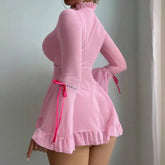 European American Sexy Lingerie Women Polyester Lace Mesh Bell Sleeves Ruffled V - Neck - Zeprah