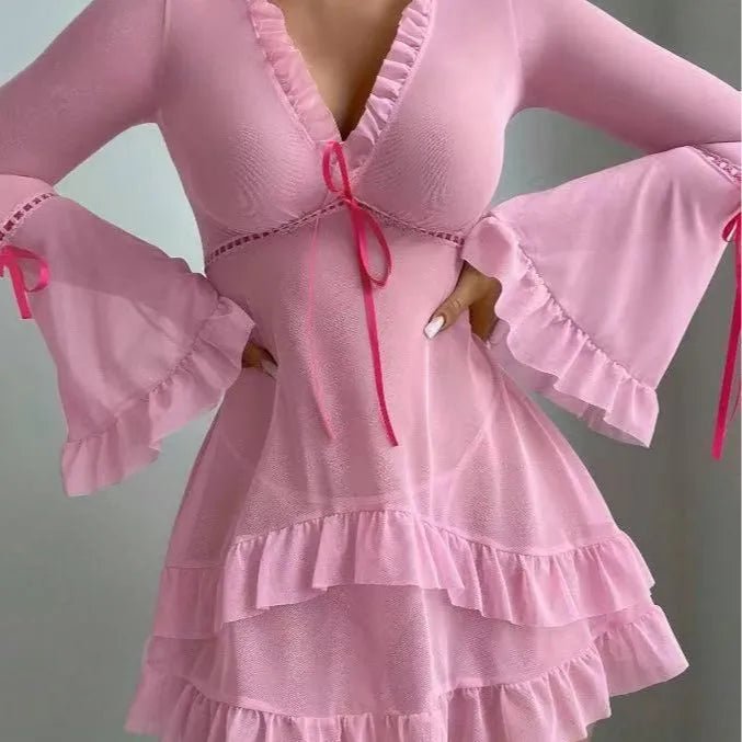 European American Sexy Lingerie Women Polyester Lace Mesh Bell Sleeves Ruffled V - Neck - Zeprah