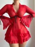 European American Sexy Lingerie Women Polyester Lace Mesh Bell Sleeves Ruffled V - Neck - Zeprah