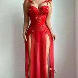 European American Sexy Red Floral Strap Mesh Long Dress Gown See - Through Lingerie Polyester Dobby - Zeprah