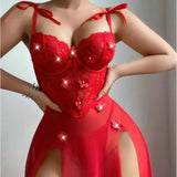 European American Sexy Red Floral Strap Mesh Long Dress Gown See - Through Lingerie Polyester Dobby - Zeprah