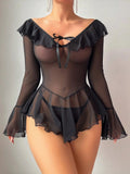 European American Sexy Ruffles See - through Polyester Gauze Dress Off - shoulder Underwear - Zeprah