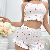 European American Shorts Rowan Print Heart Strap Ruffle Elastic Waist Midriff - Baring Waist - Zeprah
