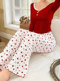 European American Style Letter Trim Neck Crown Long Sleeve Long Pants Women's Elastic Waist Solid Autumn Women's Pajamas - Zeprah