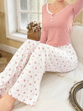 European American Style Letter Trim Neck Crown Long Sleeve Long Pants Women's Elastic Waist Solid Autumn Women's Pajamas - Zeprah