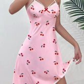 European American Style New Sexy Lace Strappy V - neck Heart Cherry Pattern Costume Nightgown - Zeprah