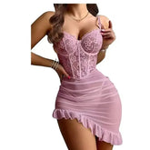 European American Style Set Mesh Nightgown Sexy Push - up Steel Ring See - through Lace Trim Strappy - Zeprah