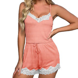 European American Style Women's Summer Breathable Lace - Trimmed Ribbed Camisole Pajama Shorts Set Casual Loungewear for Women - Zeprah