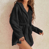 European American Style Women's Winter Warm Breathable Elastic Waist Hooded Plush Bathrobe Loungewear Pajamas Nightgown - Zeprah