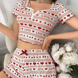 European American Summer New Knitted Ribbed Short - Sleeved Pajamas Loungewear Set Elastic Waist Lace Fabric - Zeprah