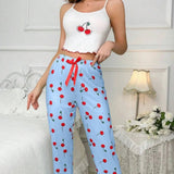 European American Velvet Breathable Sexy Pajamas Simple Casual Printed Camisole Elastic Waist Long Pants - Zeprah