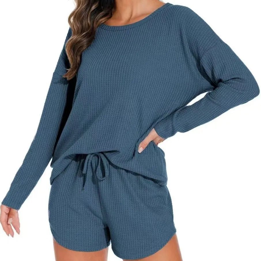 European American Women's Nightgowns Solid Color Neck Four Seasons Casual Long Sleeve Drawstring Women's Pajamas - Zeprah