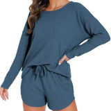 European American Women's Nightgowns Solid Color Neck Four Seasons Casual Long Sleeve Drawstring Women's Pajamas - Zeprah