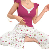 European American Women's Satin Elastic Waist Floral Print Long Pants Ruffled Casual Breathable Ribbed Pajamas - Zeprah