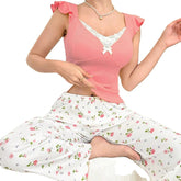 European American Women's Satin Elastic Waist Floral Print Long Pants Ruffled Casual Breathable Ribbed Pajamas - Zeprah