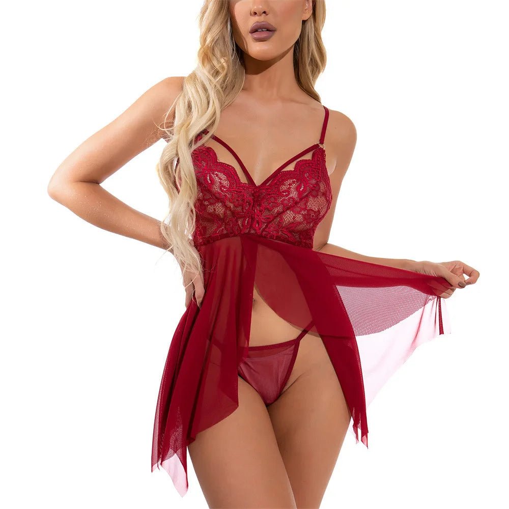 European American Women's Sexy Nightgown Deep V - Neck Low - Cut Backless Mesh See - Through Hollow - Out Spandex Lace - Zeprah