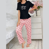 European American Women's Summer Casual Milk Silk Full Print Letter Short Sleeve Long Pants Pajama Set - Zeprah