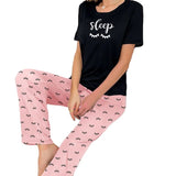 European American Women's Summer Casual Milk Silk Full Print Letter Short Sleeve Long Pants Pajama Set - Zeprah