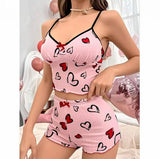 European American Women's Two - Piece Summer Cotton Shorts Set Slim Fit Hot - Selling Pajamas Elastic Waist Sleeveless Thin Strap - Zeprah