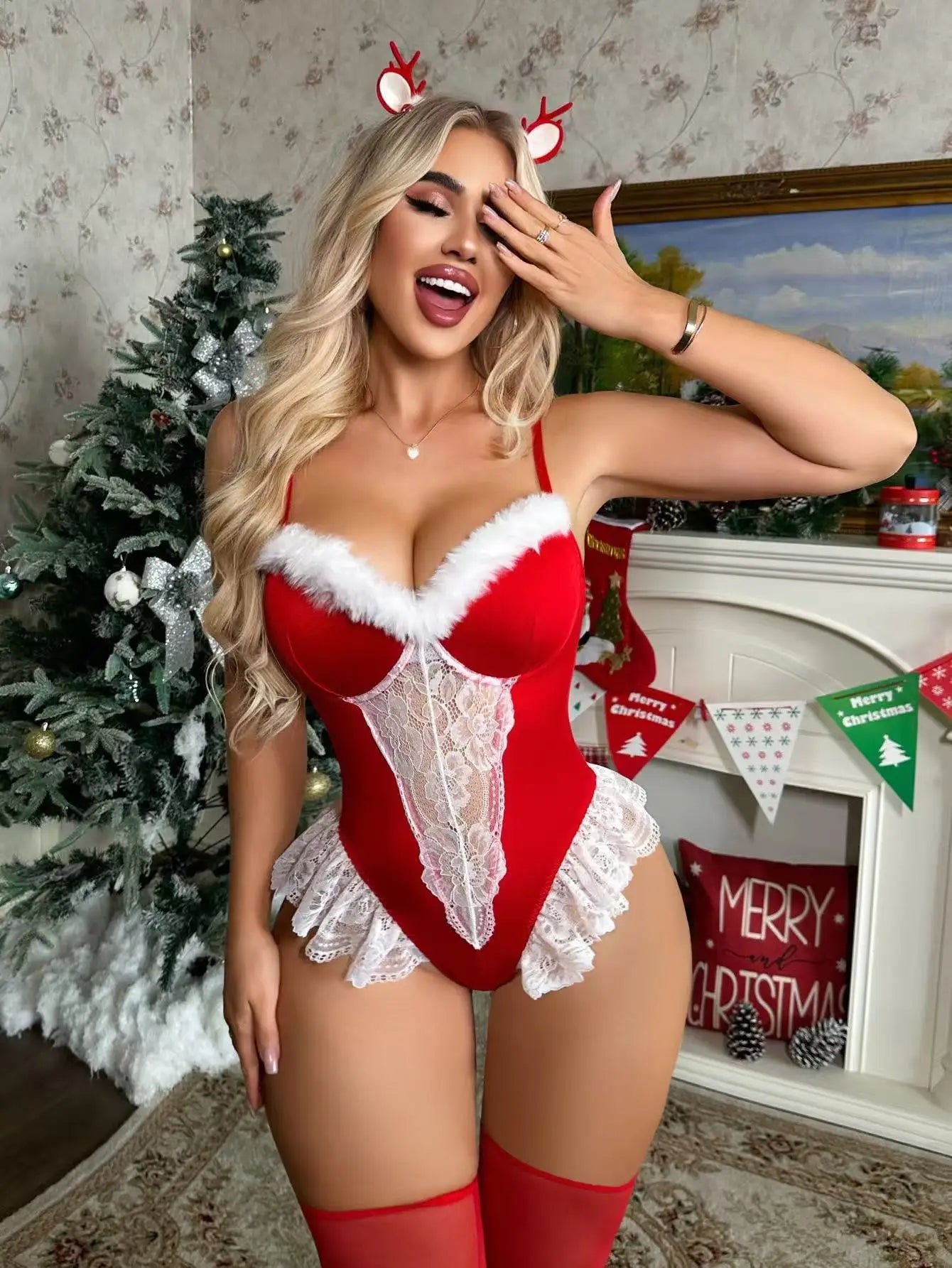 European and American Christmas Cosplay Uniform White Lace Stitching with Tennis Socks Sexy One - piece Lingerie Suit - Zeprah