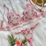 European and American Fashion Rose Embroidery Perspective Sexy love Buckle Thong Fun Suit - Zeprah