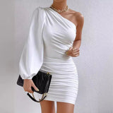 European and American Irregular Solid White Dress Hip Diagonal Shoulder Women's Dress - Zeprah