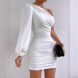 European and American Irregular Solid White Dress Hip Diagonal Shoulder Women's Dress - Zeprah