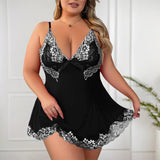 European and American Plus Size Sexy Underwear Lace Trim See - through Mesh Sling Nightgown - Zeprah