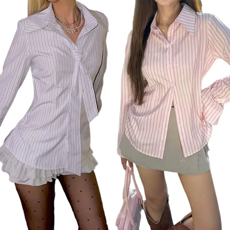 European and American Style Women's Shirt Autumn Casual Office Wear Striped Tie - Front Long Sleeve Blouse - Zeprah
