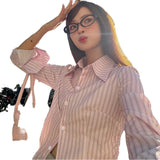 European and American Style Women's Shirt Autumn Casual Office Wear Striped Tie - Front Long Sleeve Blouse - Zeprah