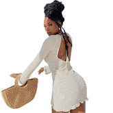 European and American Women's Autumn New Bubble Thread Solid Color Neck Lace - up Backless Dress - Zeprah