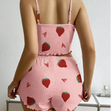 European and American Women's Two - Piece Satin Loungewear Set Strawberry Heart Print Ribbed Camisole Shorts - Zeprah