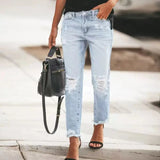 European Retro Style Mid Waist Straight Tube with Broken Hole Decoration Fashionable Versatile Popular Plus Size Women's Jeans - Zeprah