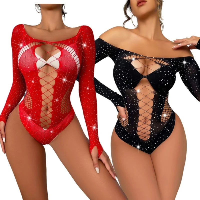 extreme Hot Diamond Shiny Sexy Underwear Long Sleeve Mesh Bodystocking Lingerie - Zeprah