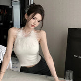 Eye - catching Designed Elegant Feather Applique Full Upper Wear U - neck Vest Domineering Lady Camisole Party Femme Tank Top - Zeprah