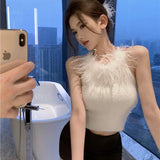 Eye - catching Designed Elegant Feather Applique Full Upper Wear U - neck Vest Domineering Lady Camisole Party Femme Tank Top - Zeprah