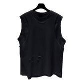 Men Distressed Hole Sleeveless Tank Top Crew Neck Raw Edge Loose Fit Streetwear Vest Two Colors Black White