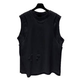 Men Distressed Hole Sleeveless Tank Top Crew Neck Raw Edge Loose Fit Streetwear Vest Two Colors Black White