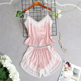 Women's Sexy Lace Sleeveless V-Neck Satin Sling Vest Top Shorts Summer Two Piece Pajama Sets with Front Sleepwear Nightwear